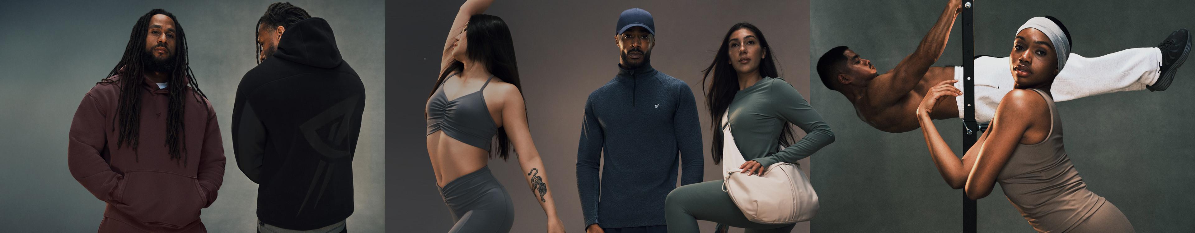 Collection of athletic wear featuring hoodies, sports bras, leggings and workout tops in neutral colours.
