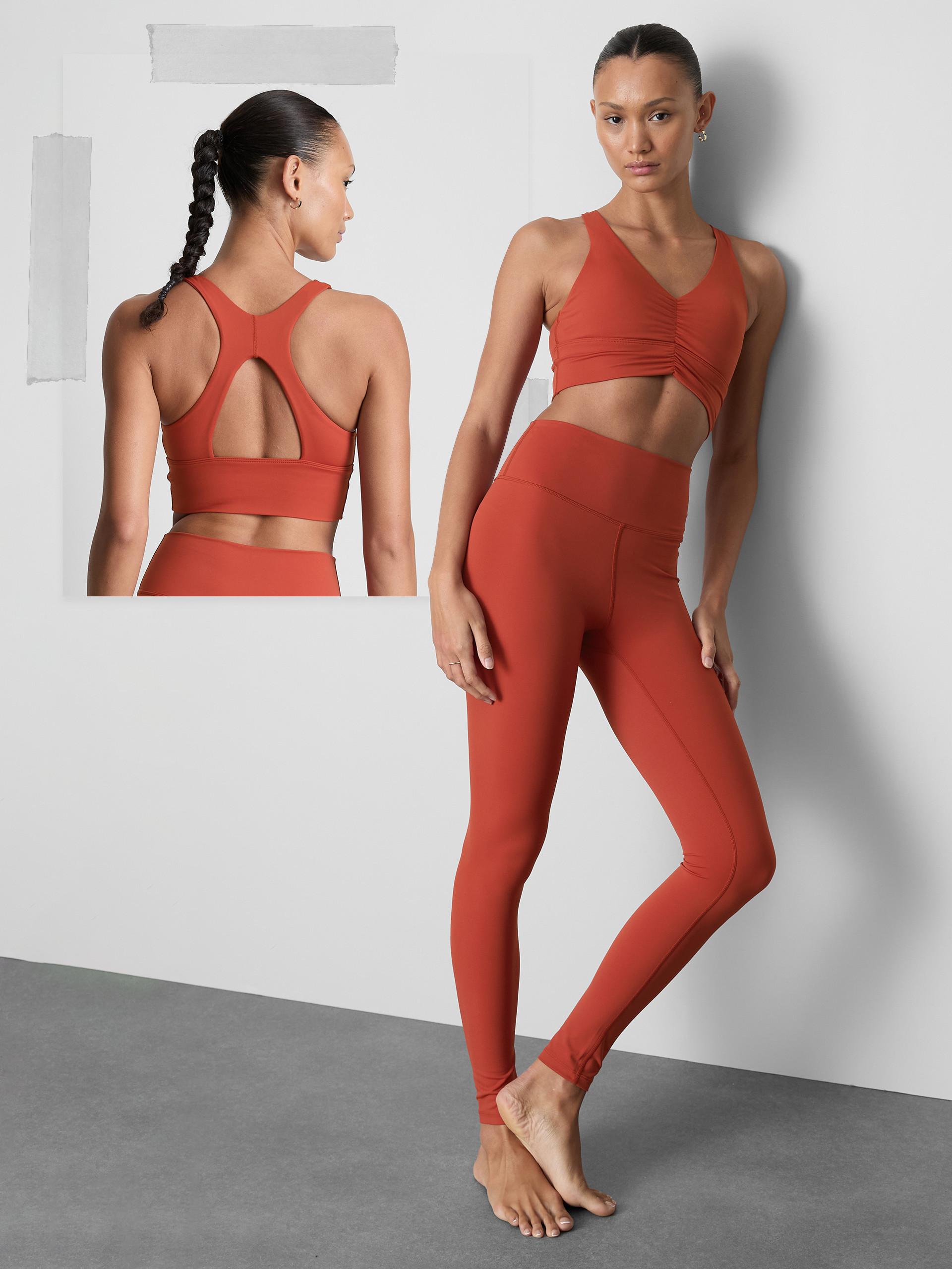 Terracotta workout set featuring a sports bra with cutout back detail and high-waisted leggings shown from front and back views.