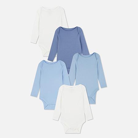 Five long-sleeve baby bodysuits arranged in white and varying shades of blue.
