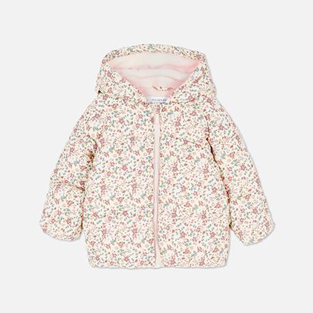Children's quilted jacket with floral print and pink interior lining, featuring a hood and zip front.