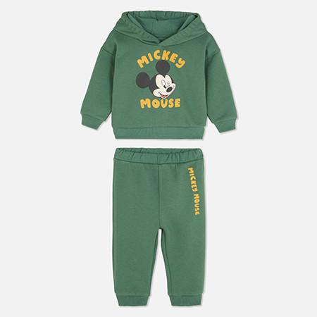 Green Mickey Mouse hoodie and joggers set for children with yellow text and character graphic.