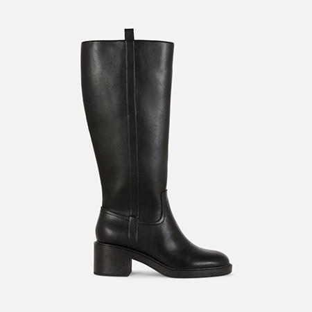 Black leather knee-high boot with block heel and simple design shown in profile view.