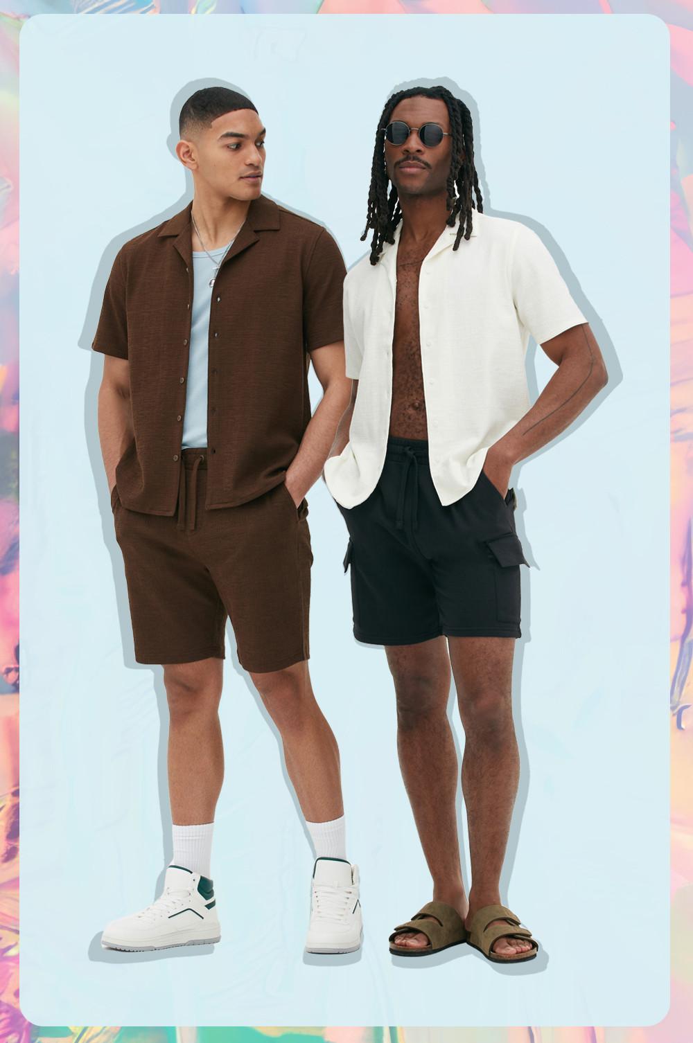 Model One: black shirt and shorts. Model Two: white shirt, black shorts