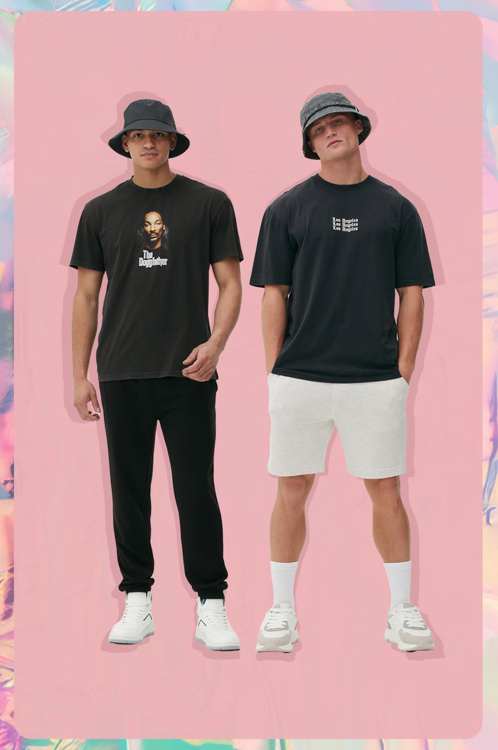 Model One: black bucket hat, Snoop Dogg graphic tee, black pants. Model Two: denim bucket hat, black graphic tee, light gray shorts.