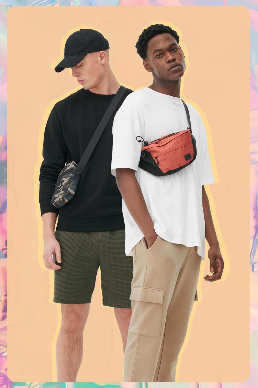 Model One: black cap and sweatshirt, camo crossbody and shorts. Model Two: white T-shirt, orange crossbody and light brown cargos.