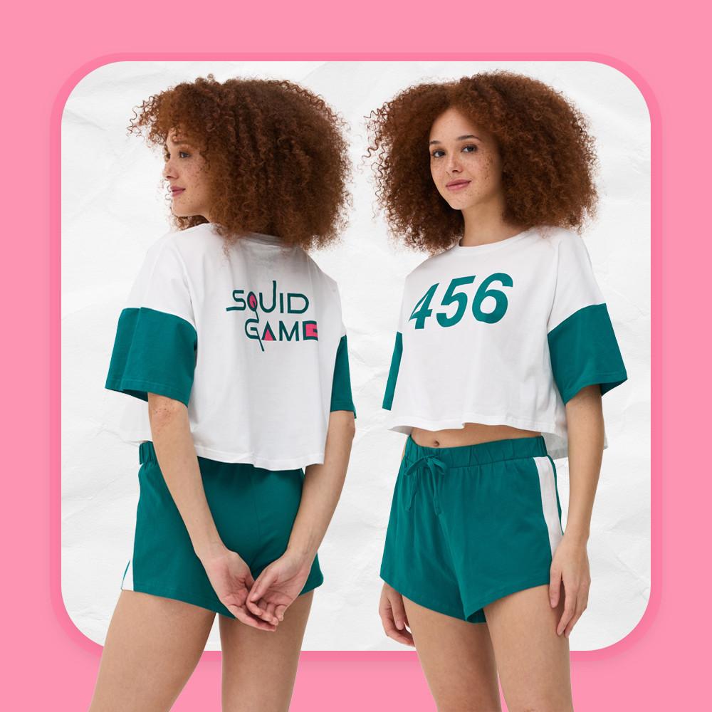 Model wearing Squid Game pajama short and T-shirt set