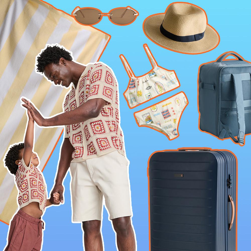 Model and child in matching crochet tops with vacation essentials including luggage, swimwear, hat and sunglasses.