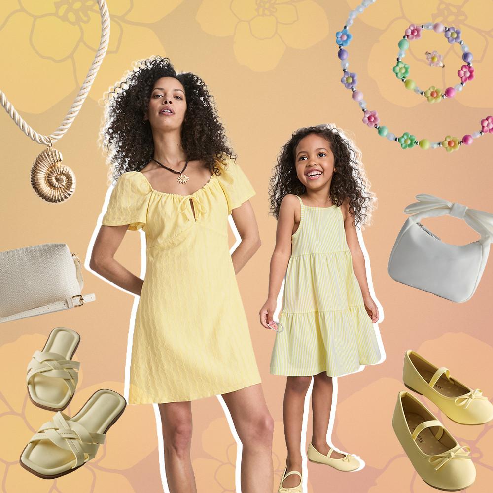 Woman and girl wearing matching yellow dresses with coordinating accessories including shoes, bags and jewelry.