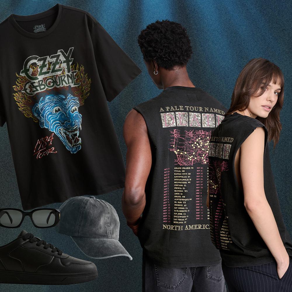 Two people modelling black Ozzy Osbourne graphic band T-shirts with tour dates on the back.