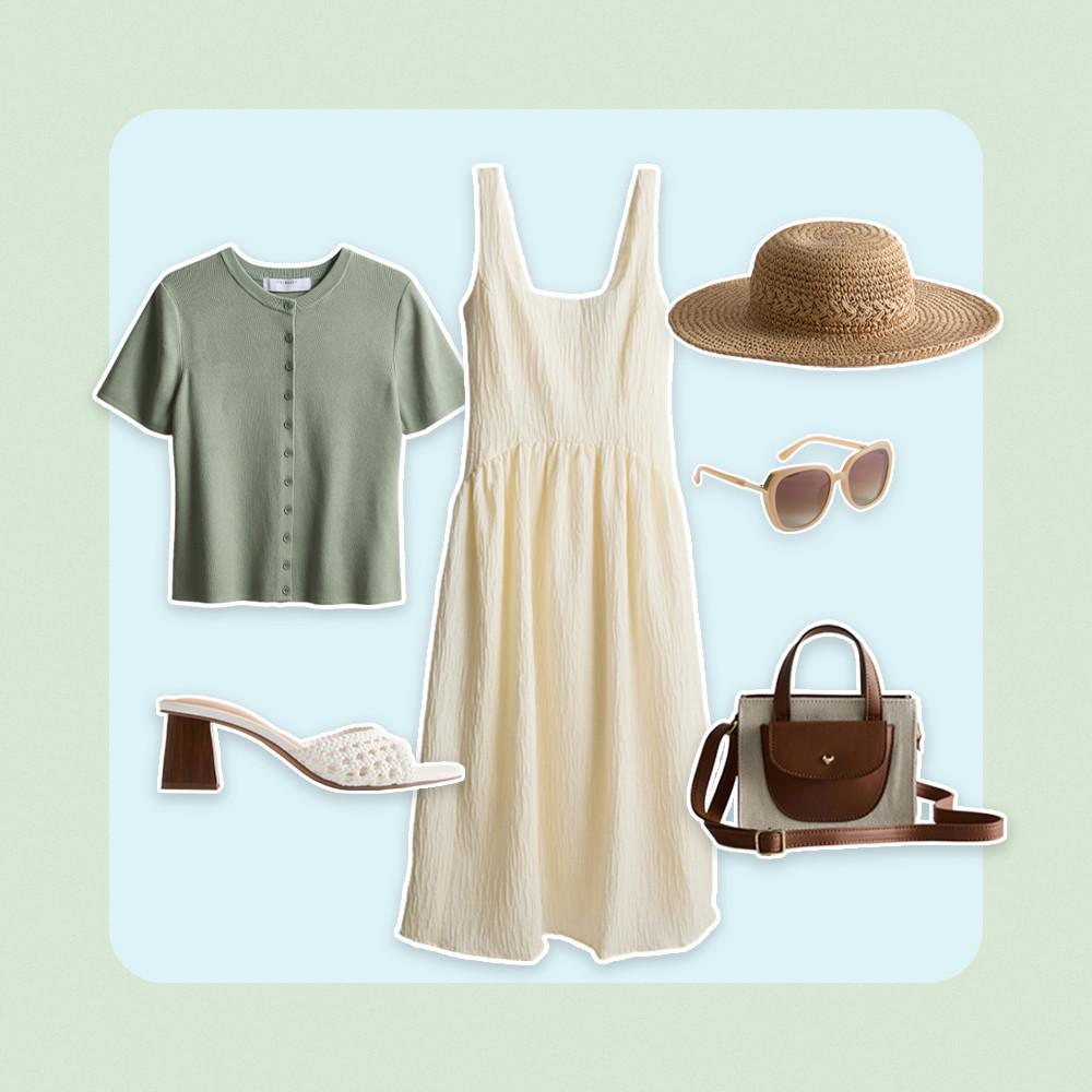 Summer outfit flatlay featuring cream dress, sage cardigan, straw hat, sunglasses, brown bag and mules.