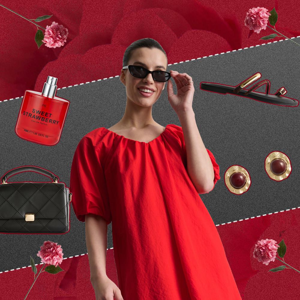 Model in red dress wearing sunglasses with accessories including handbag, perfume, earrings and hair clips.