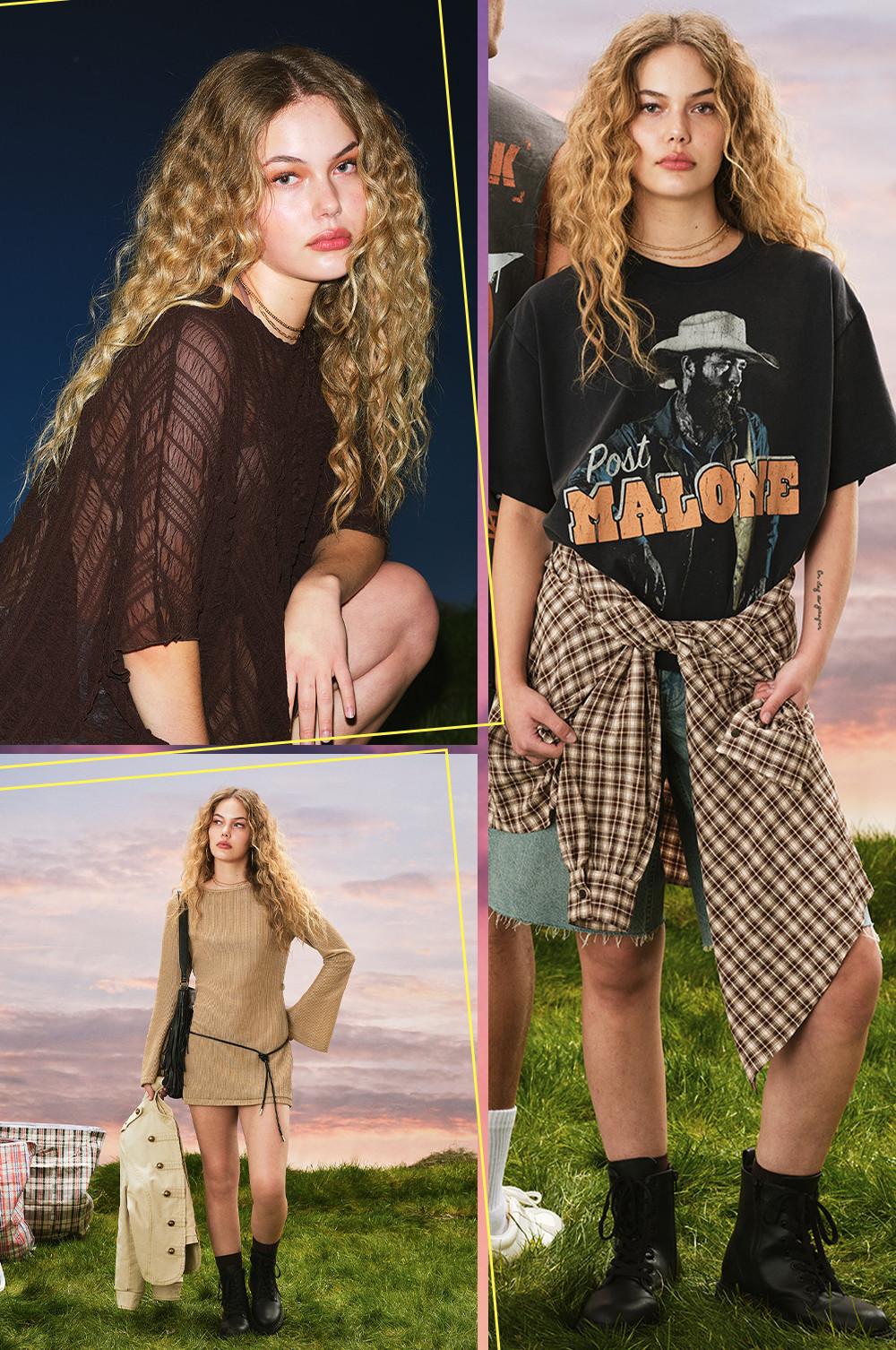 Model wearing three different outfits: sheer brown top, Post MALONE graphic tee, and beige knit jumper.