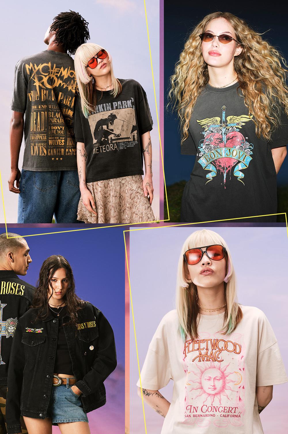 Models wearing vintage-style band T-shirts featuring My Chemical Romance, Linkin Park, Bon Jovi and Fleetwood Mac.
