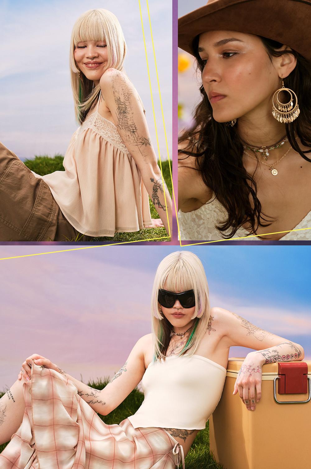 Models wearing statement jewelry including gold hoop earrings, layered necklaces and rings outdoors.