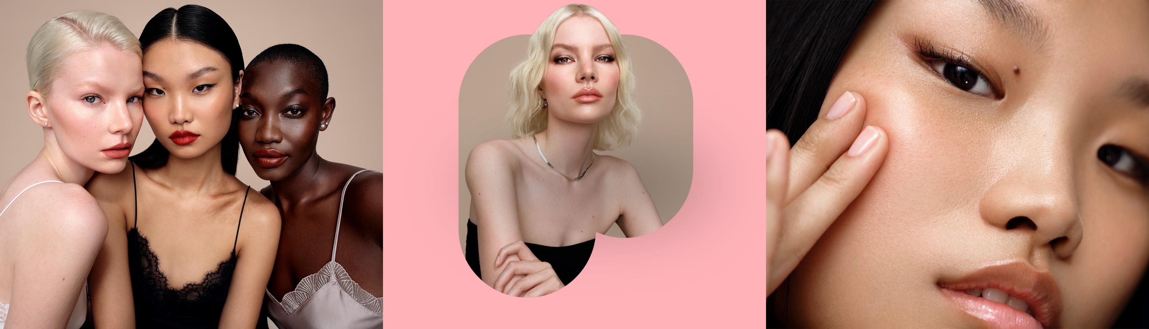Three models showcasing diverse skin tones wearing makeup, alongside close-up of flawless complexion.