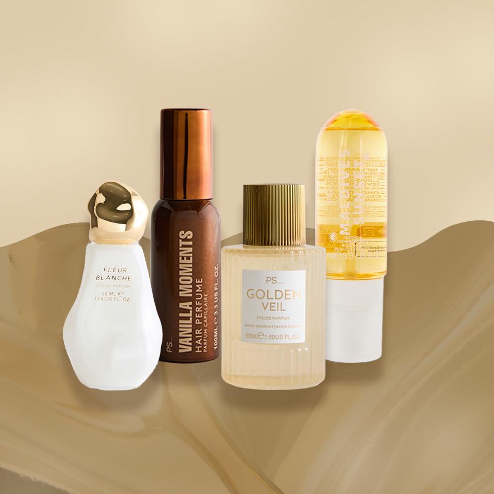 Four fragrances displayed together: Fleur Blanche, Vanilla Moments hair perfume, PS Golden Veil, and a yellow-topped scent.