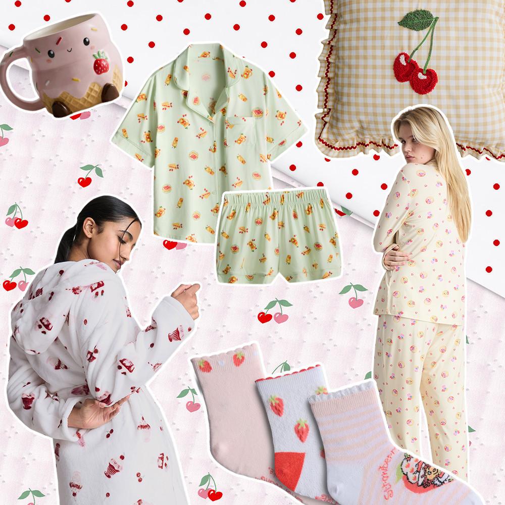 Collection of sleepwear and accessories featuring playful fruit and food prints on pajamas and robes.