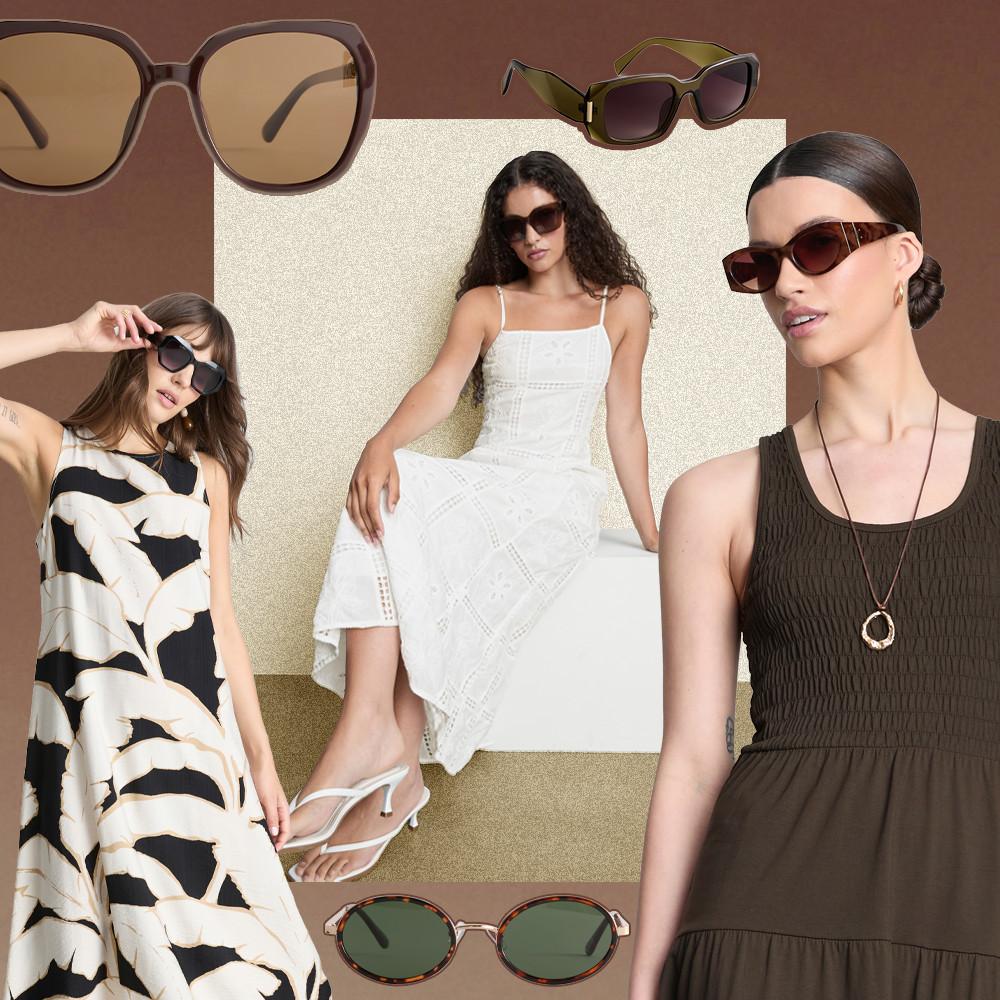 Three women modeling various styles of sunglasses whilst wearing summer dresses and jewelry.