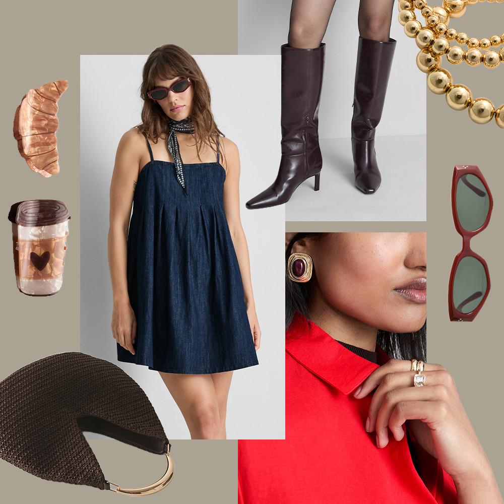 Fashion collage featuring denim dress, brown knee-high boots, gold jewelry, red sunglasses and accessories.
