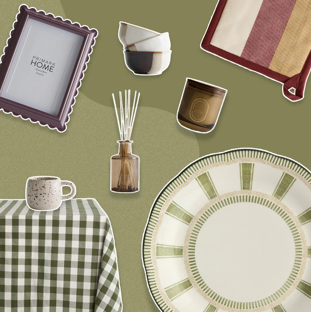Collection of home decor items including woven baskets, scented candle, purple checkered plate, heart-shaped lamp, storage basket, non-slip hangers, and white pillows on pink background.