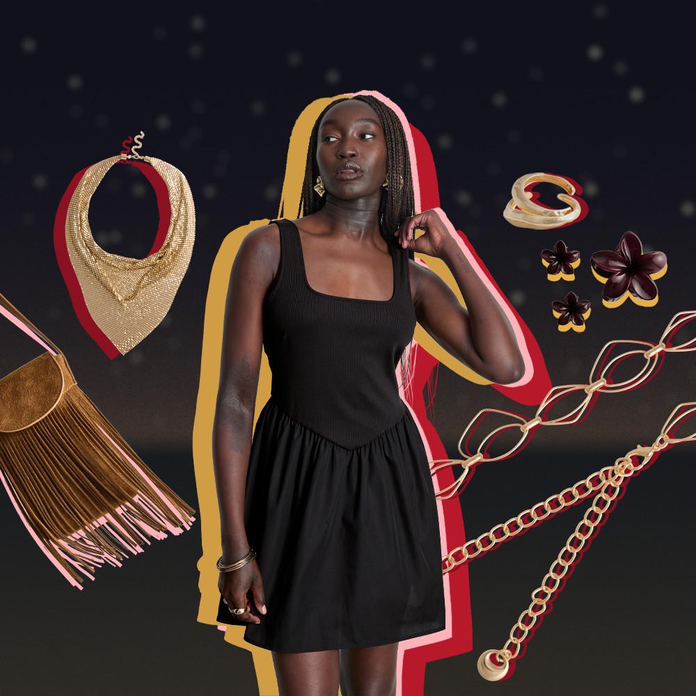 Model in black dress surrounded by floating jewellery and accessories including necklaces, earrings and belts.