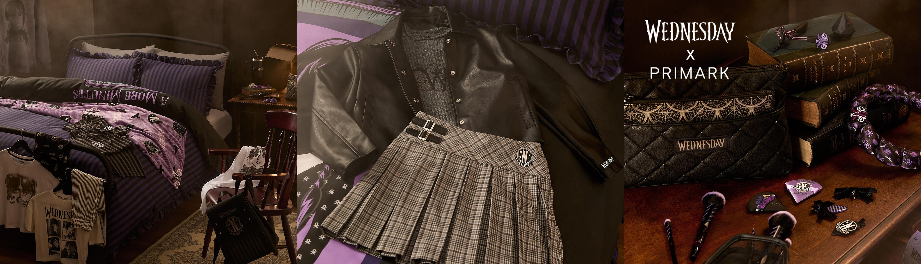 Wednesday x Primark collection featuring gothic bedding, plaid skirt outfit, and accessories with dark aesthetic.
