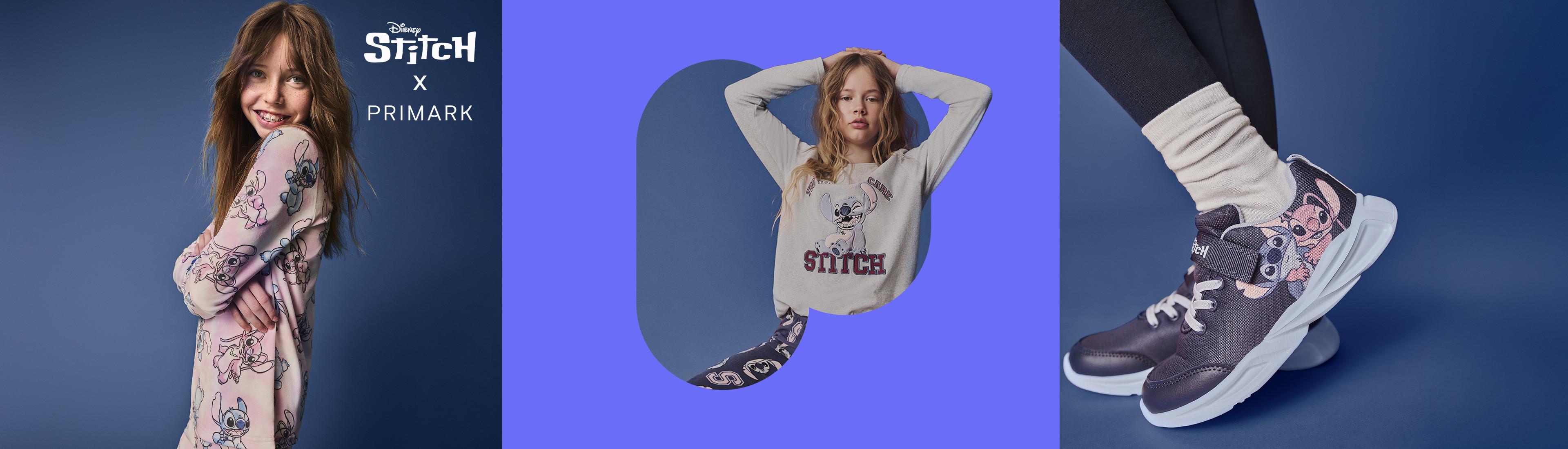 Disney Stitch x Primark collection featuring loungewear and footwear with character designs.