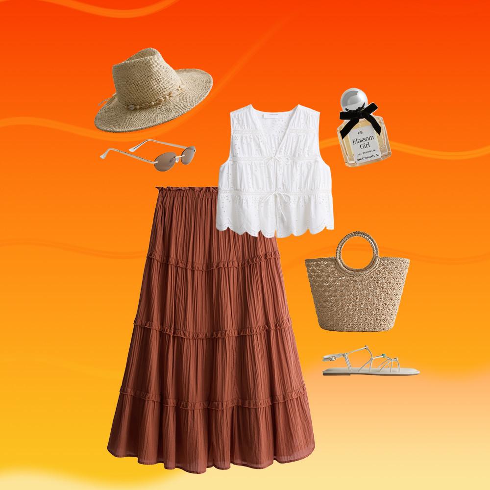 Summer outfit flatlay featuring white broderie top, rust tiered skirt, straw hat, sunglasses, sandals and bag.