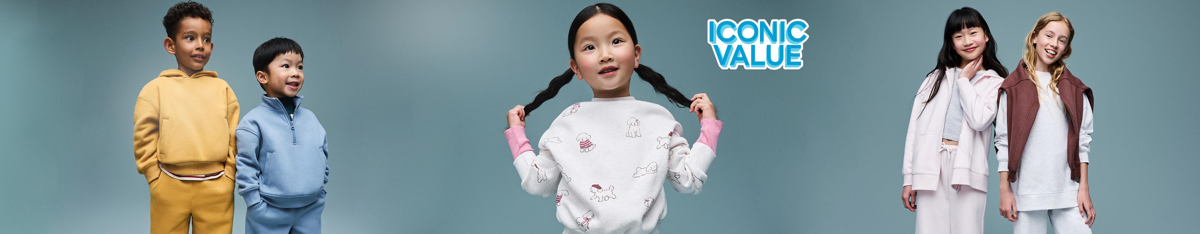5 children wearing sweatshirts, hoodies & trackies on a blue background with the text Iconic Value.