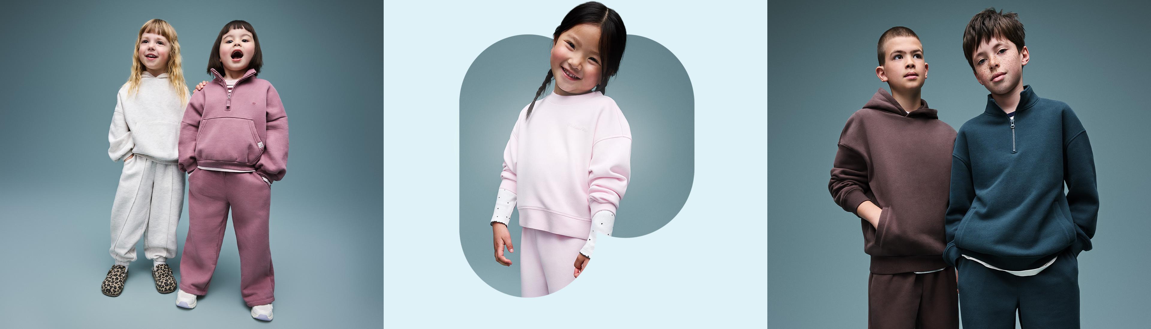 Children modelling casual loungewear sets including hoodies and joggers in neutral and pastel tones.