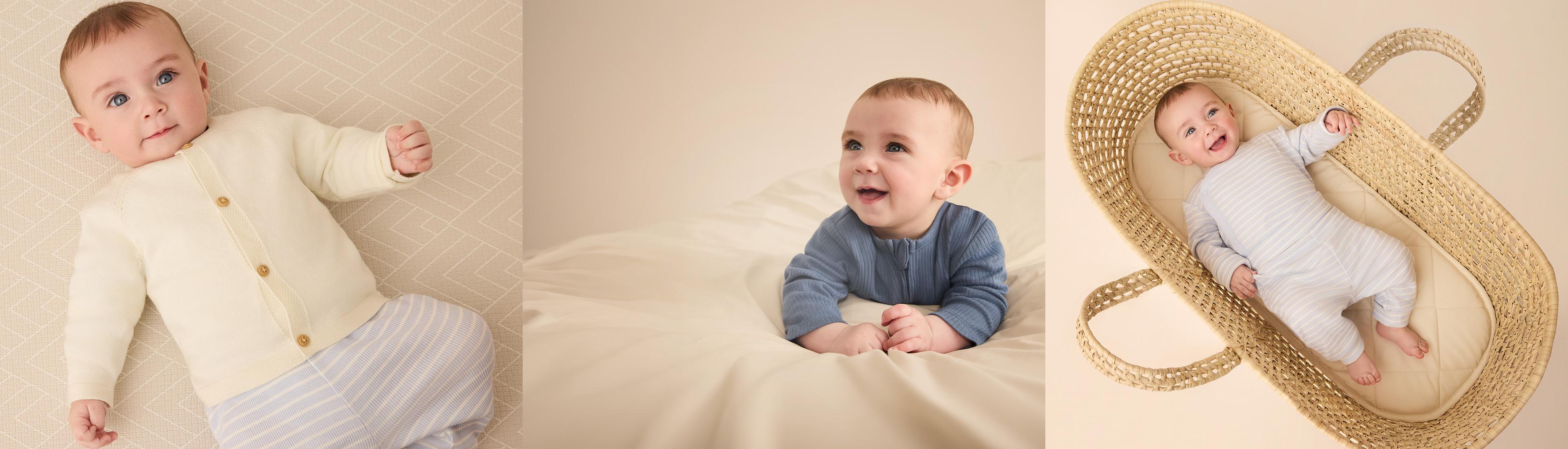 Baby wearing cream cardigan with striped pants, smiling baby in blue top, and baby in woven Moses basket.