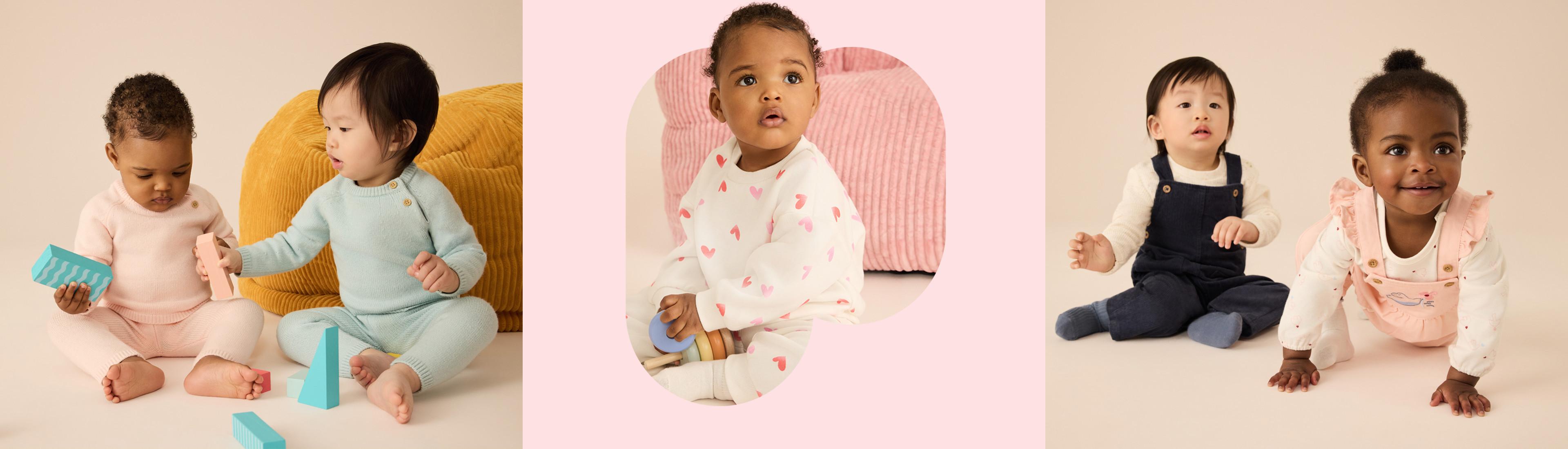 Babies wearing colorful knitted loungewear sets playing with toys.