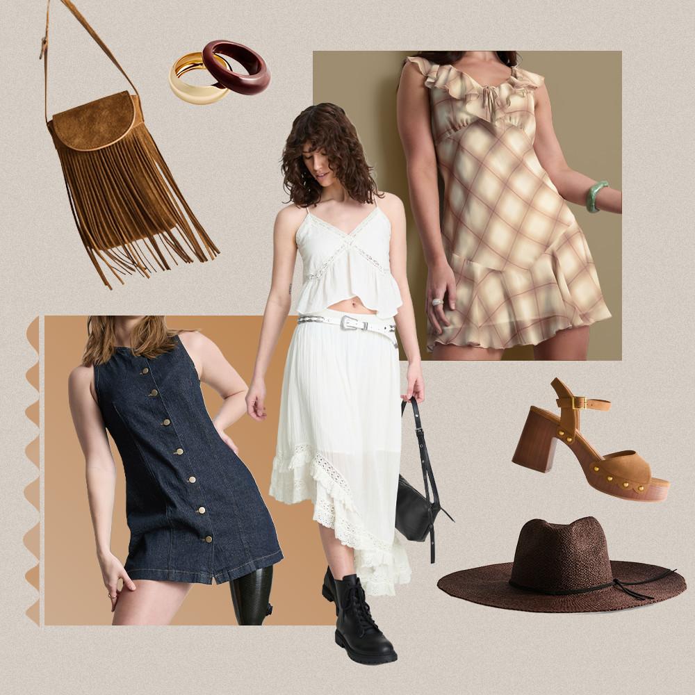 Fashion collage featuring women's clothing and accessories including dresses, bags, shoes, hat and jewelry.