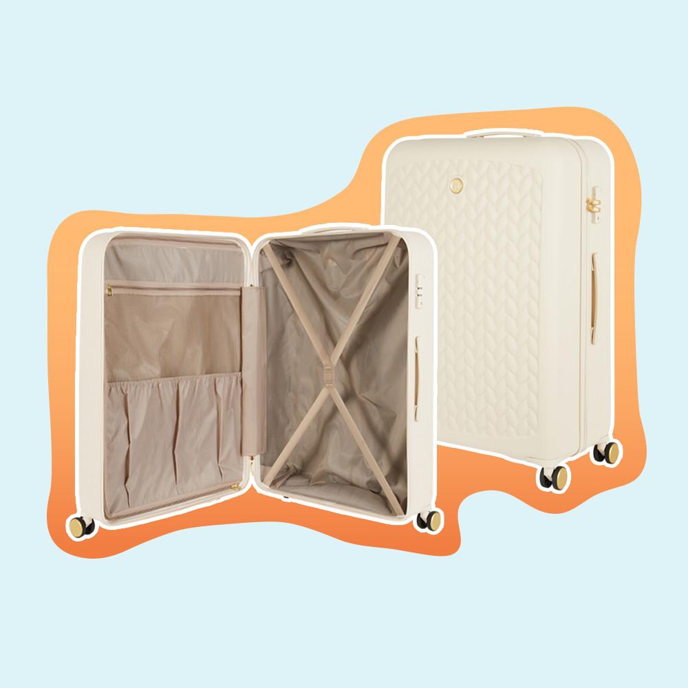 Cream hard-shell suitcase with quilted texture shown open and closed, featuring internal straps and pockets.
