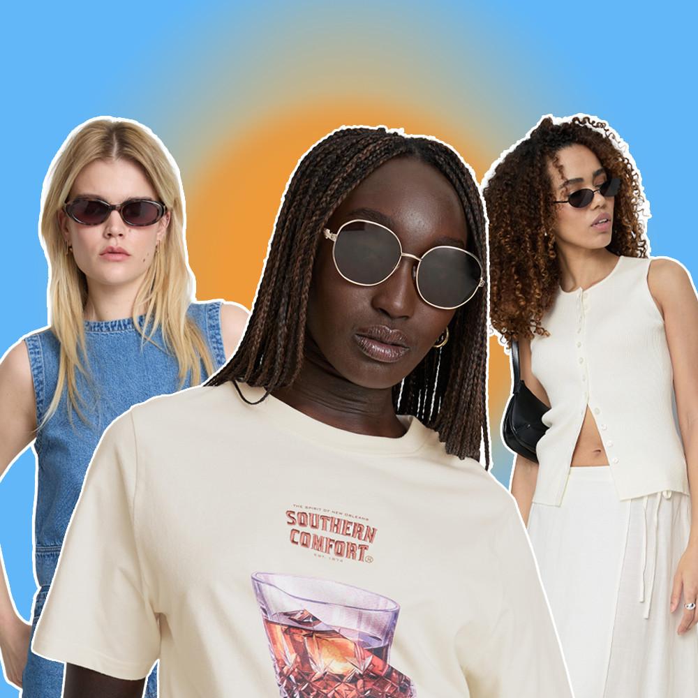 Three models wearing sunglasses, center model in Southern Comfort graphic T-shirt with braided hair.