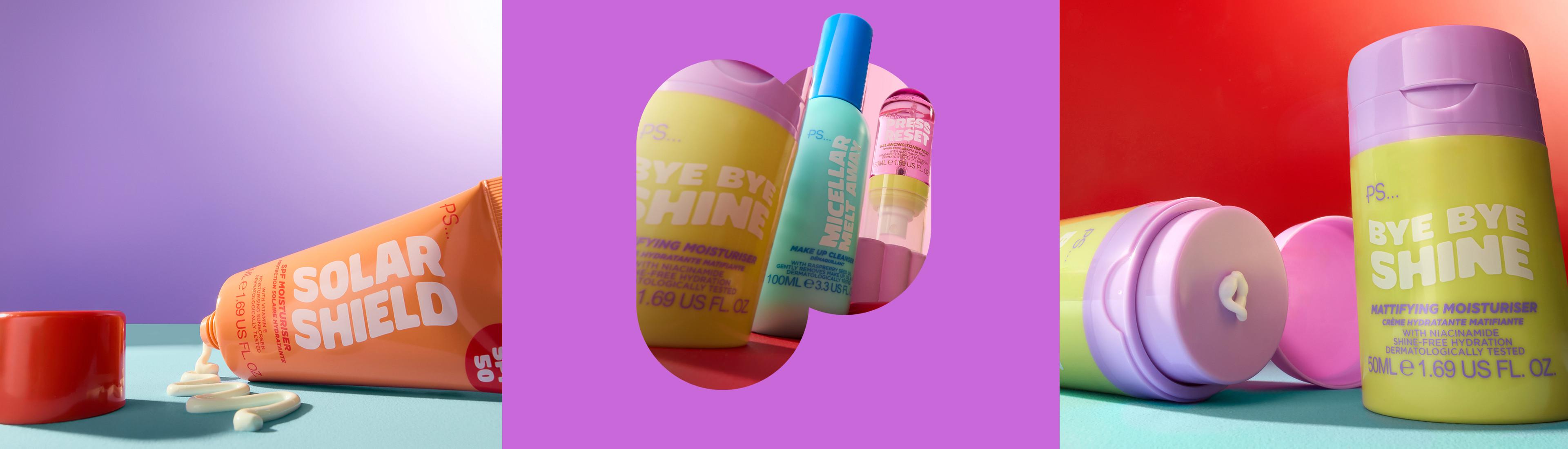 PS skincare collection featuring Solar Shield sunscreen and Bye Bye Shine moisturiser in bright packaging against colourful backgrounds.