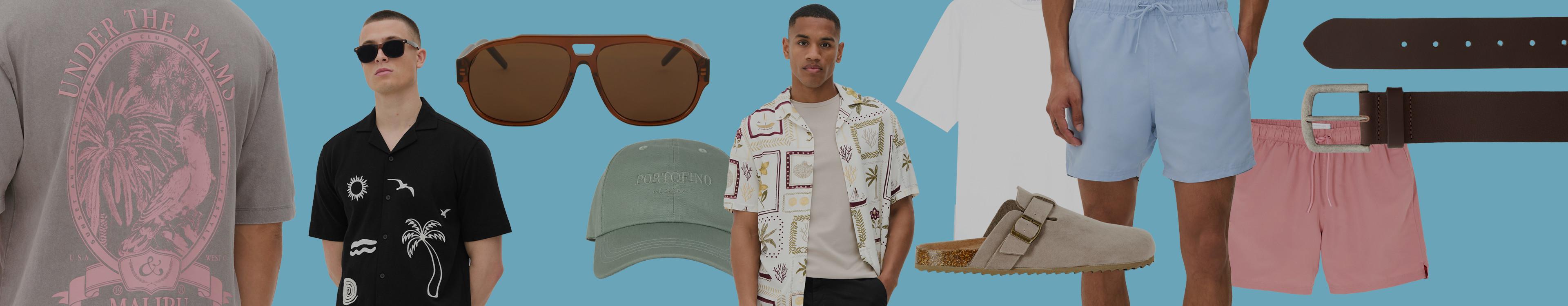 Summer menswear collection featuring sunglasses, printed shirts, cap, shorts and sandals on a blue background.