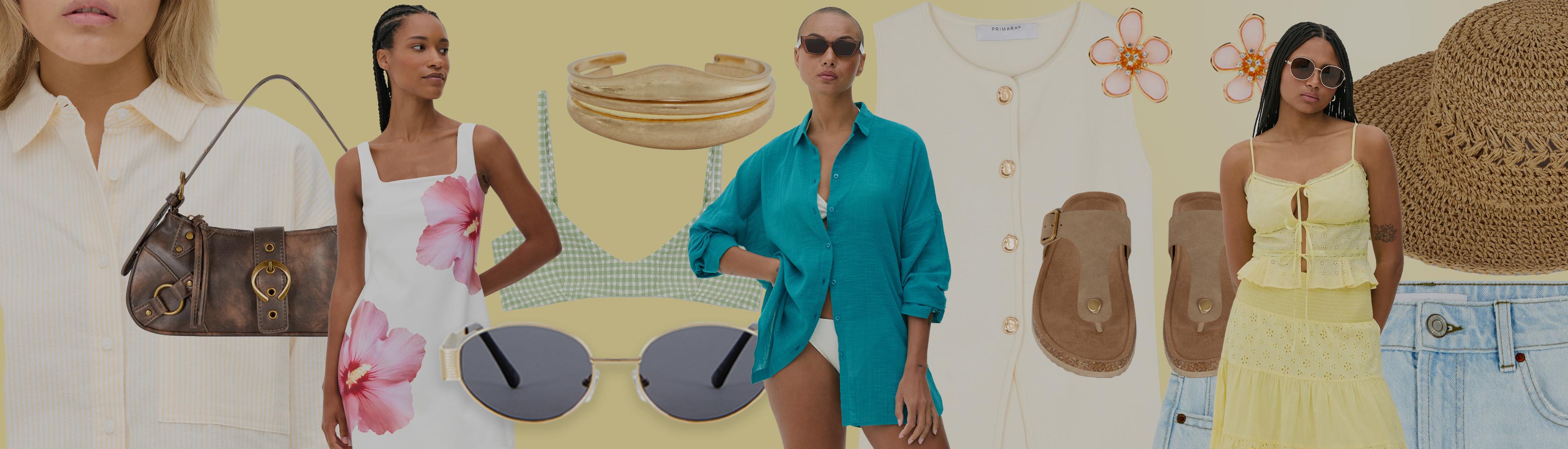 Collage of women's accessories and three models wearing colourful products