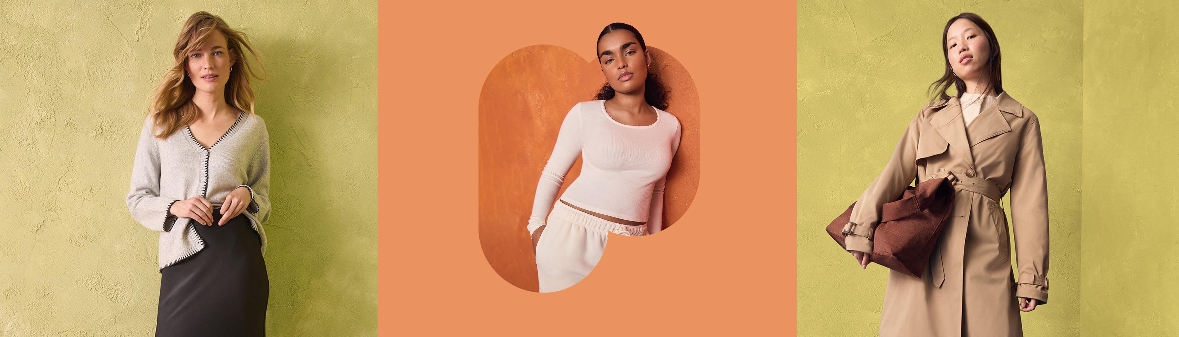 Three models on green and orange backdrops, wearing coats, jumpers and nightwear
