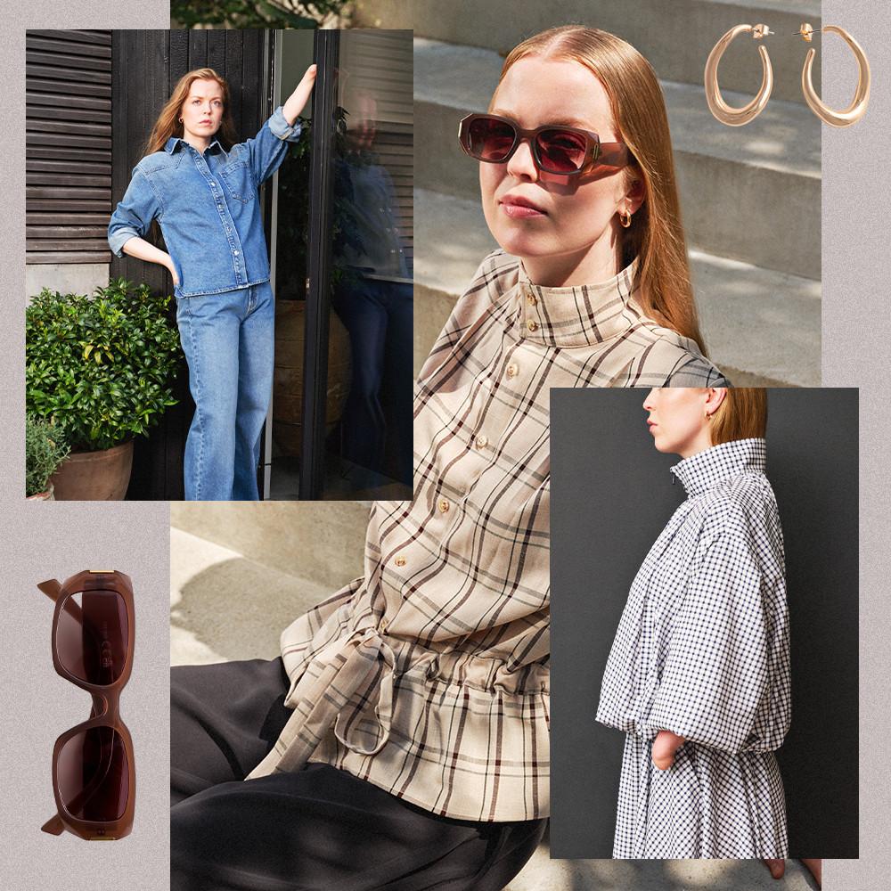Collage showing model wearing denim outfit, checked jacket with sunglasses, gold hoop earrings and brown sunglasses.