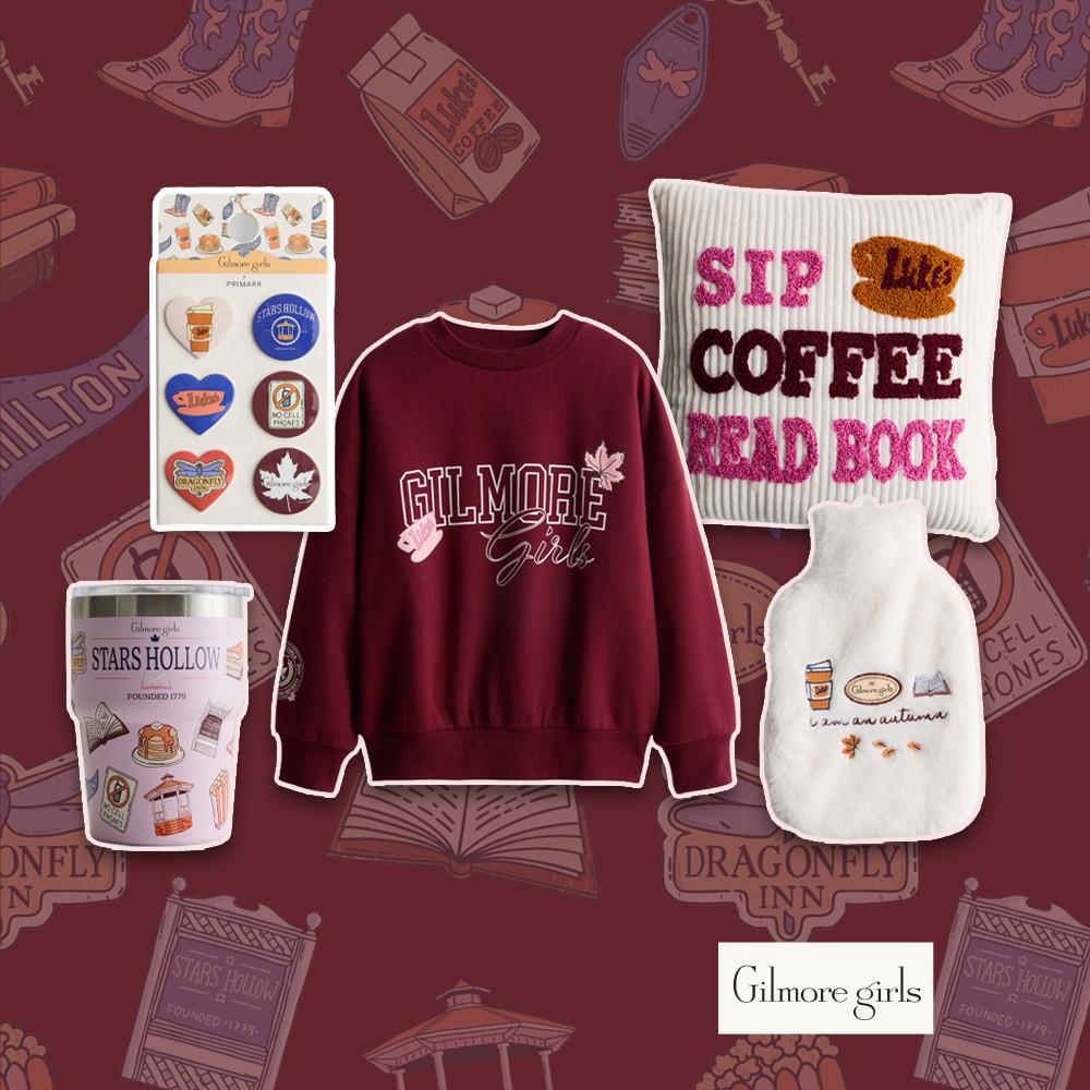 Gilmore Girls themed gift set including burgundy sweatshirt, cushion, hot water bottle, mug and badges.