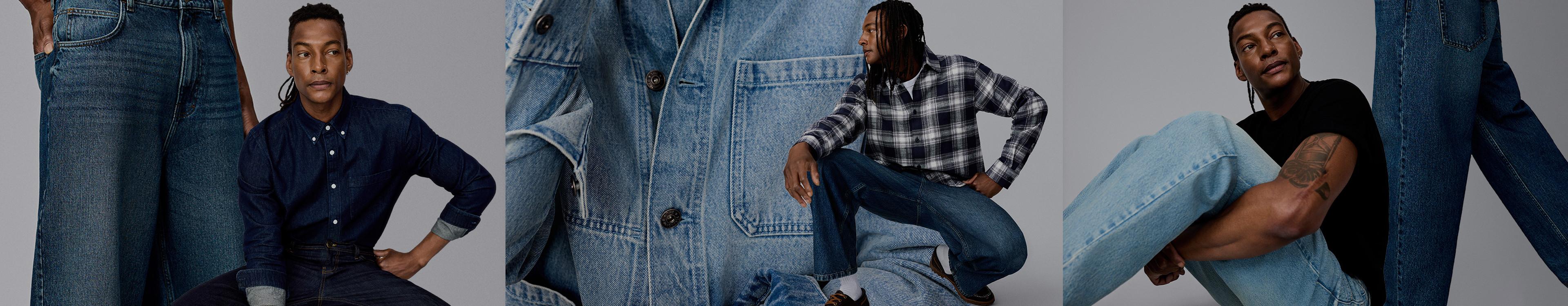 Three-panel fashion image showcasing denim styles with navy button-up shirt, plaid shirt and black t-shirt combinations.