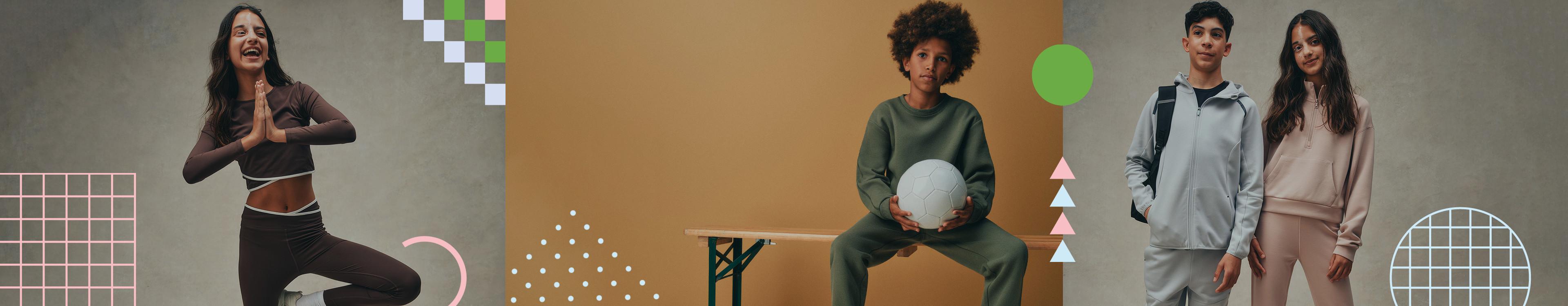 Four people in athletic wear including a yoga pose, a person with a football, and two in casual sportswear with geometric background elements.