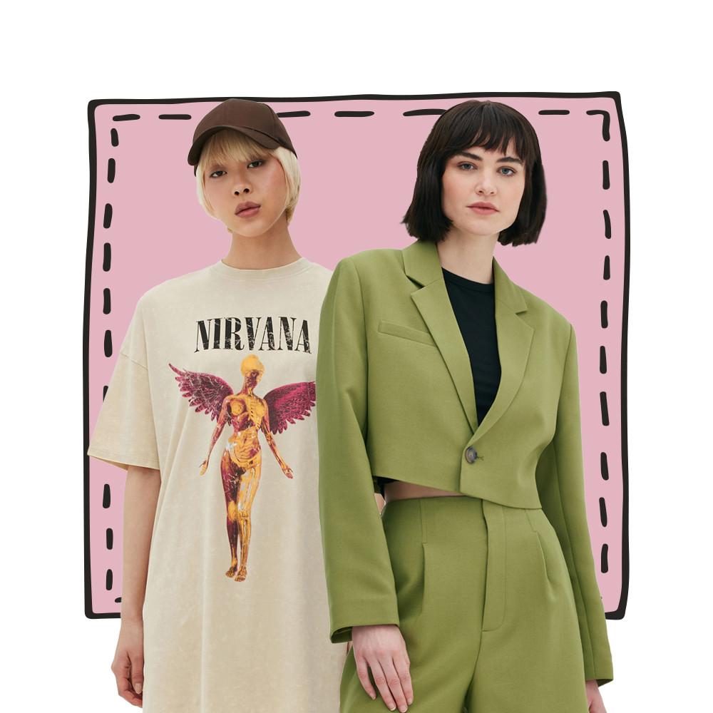 Two models one wearing a nirvana t-shirt and the other in a green cropped blazer