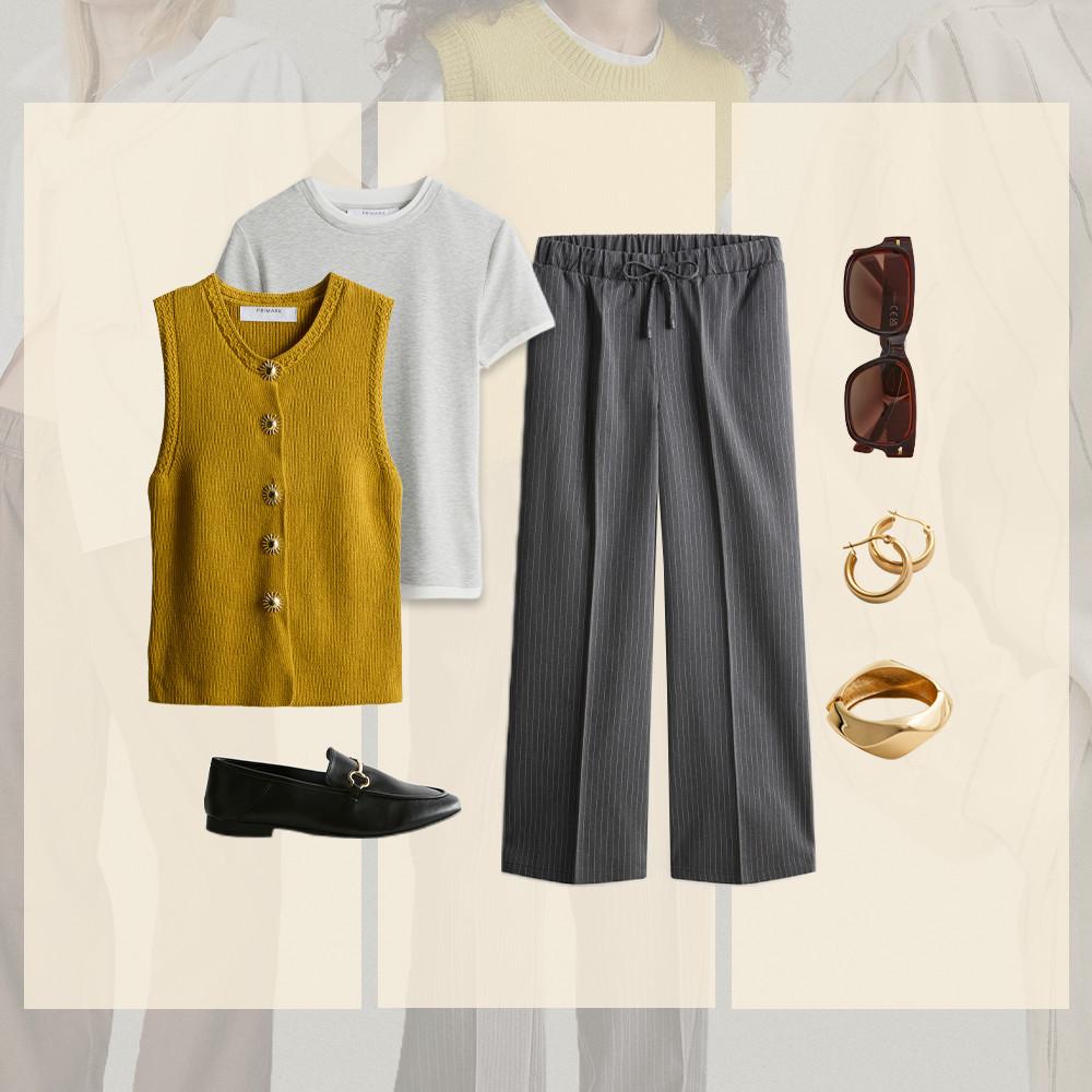 Flat lay outfit featuring mustard sleeveless top, gray T-shirt, striped pants, black loafers and accessories.