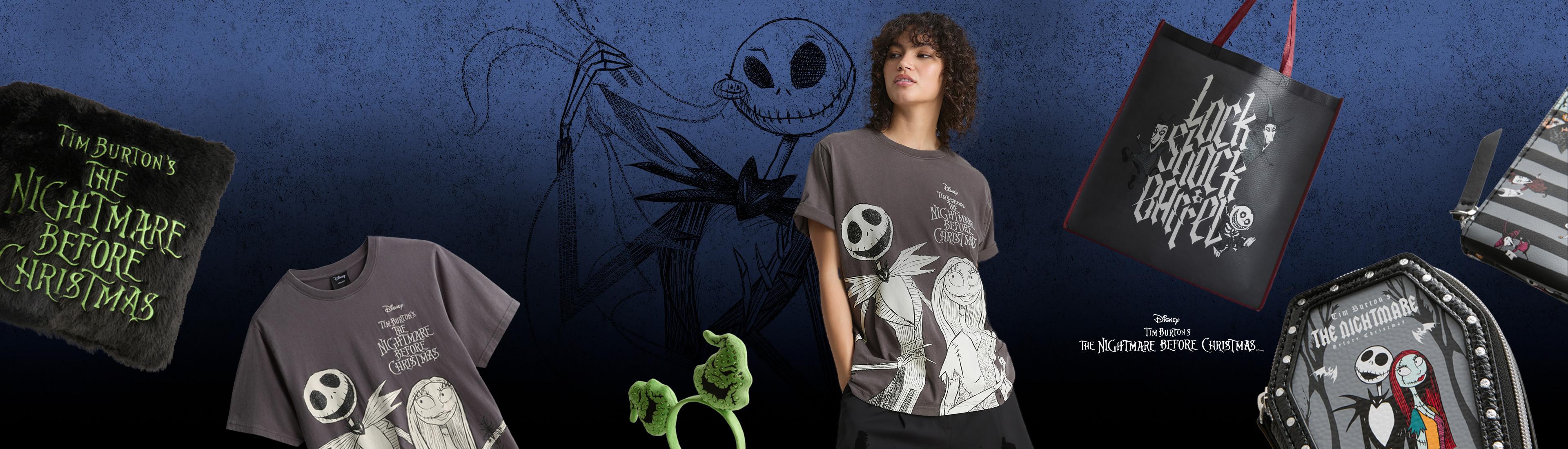 Woman wearing gray The Nightmare Before Christmas T-shirt with matching themed accessories displayed.