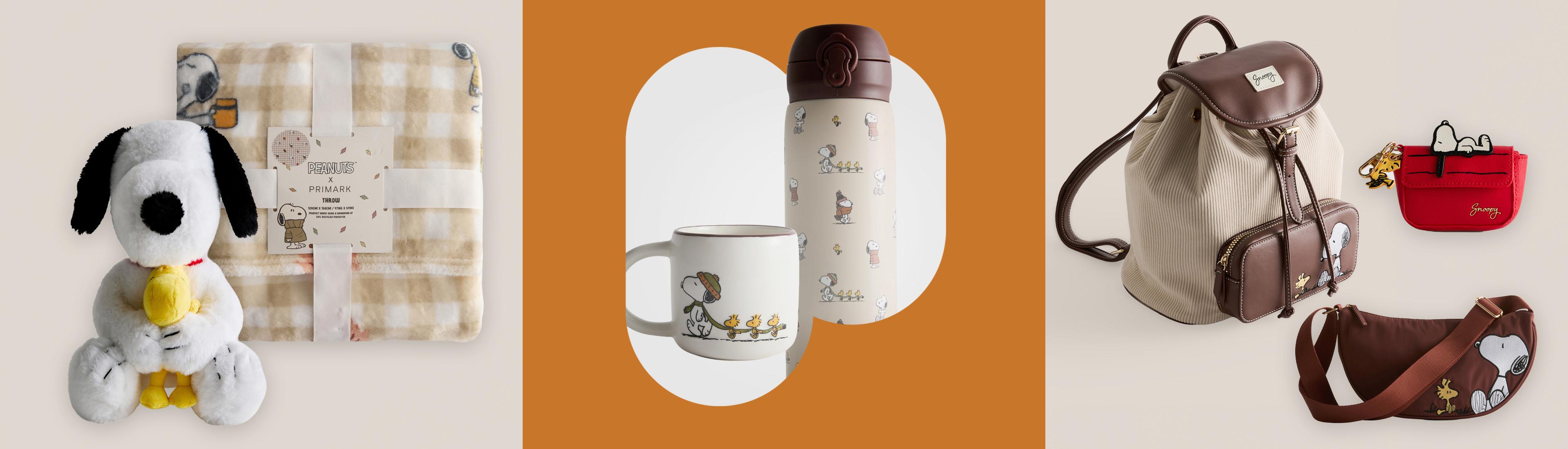 Peanuts Snoopy collection featuring soft toy, blanket, thermos, mug, backpack, and crossbody bags.
