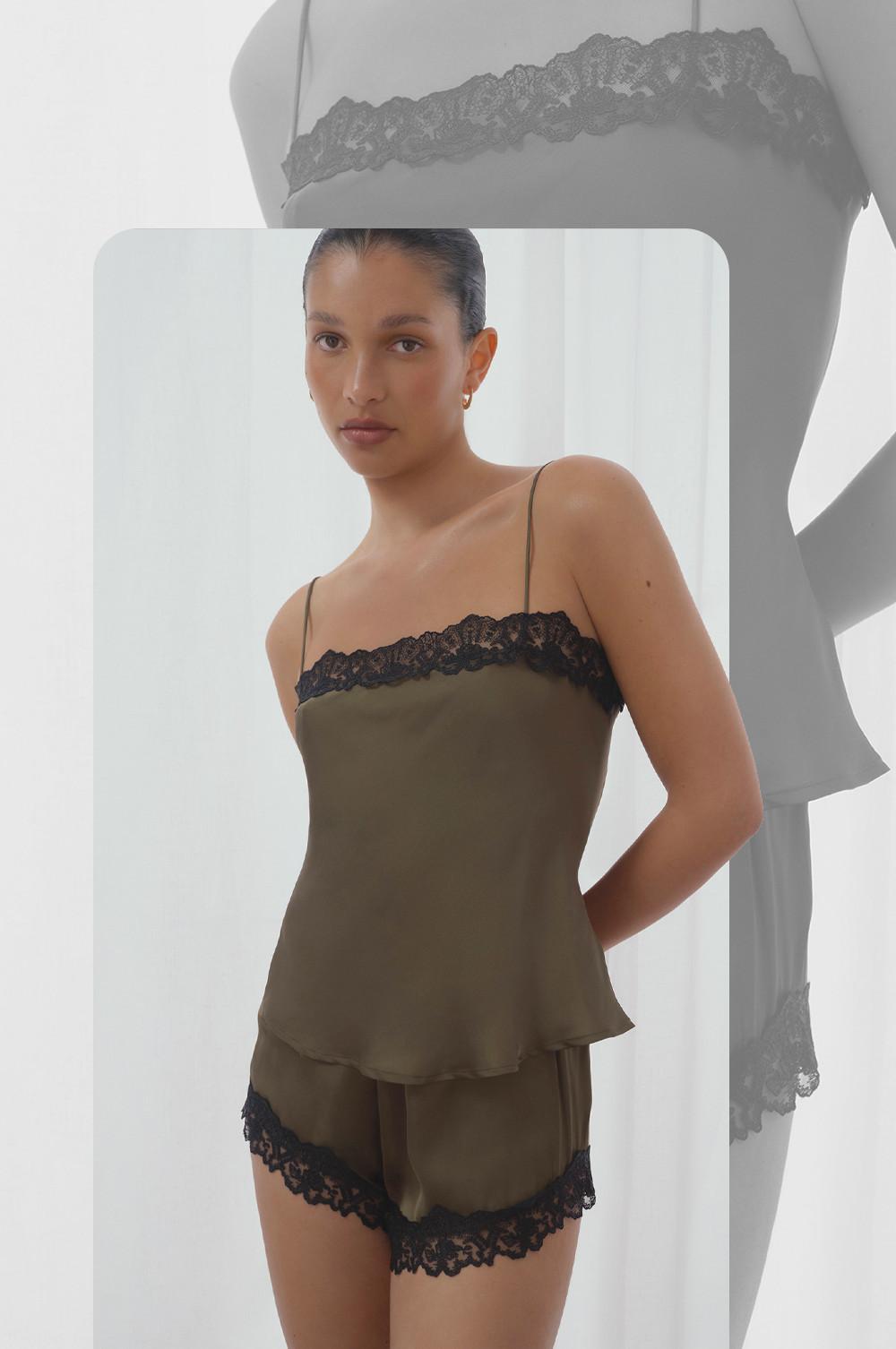 Khaki satin camisole and shorts pajama set with black lace trim.