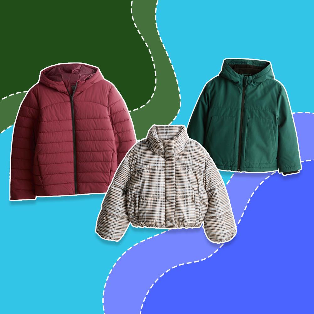 Three puffer jackets in burgundy, houndstooth and teal green displayed on a colorful graphic background.