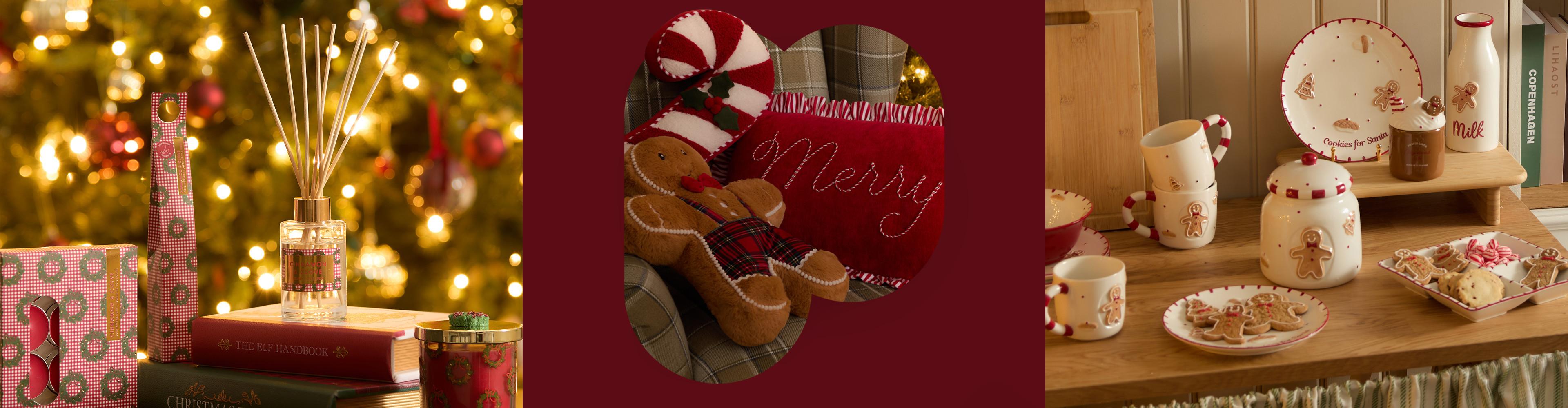 Festive home accessories including gingerbread-themed tableware, decorative cushions, and reed diffuser.